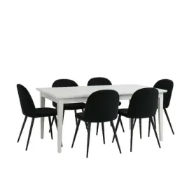 Venedig Essgruppe Tisch weiß 95x180/276 mit 2 Stk. Zusatzplatten 6 Stühlen Velour schwarz. Venedig Essgruppe Tisch weiß 95x180/276 mit 2 Stk. Zusatzplatten 6 Stühlen Velour schwarz.