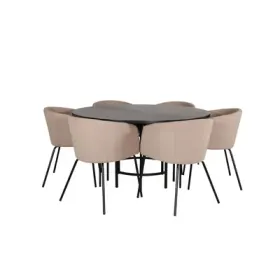 Copenhagen Essgruppe Esstisch braun und 6 Berit Esszimmerstühle beige. Copenhagen Essgruppe Esstisch braun und 6 Berit Esszimmerstühle beige.
