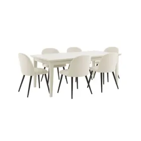 Venedig Essgruppe Tisch weiß 95x180/276 mit 2 Stk. Zusatzplatten 6 Stühlen Samt beige. Venedig Essgruppe Tisch weiß 95x180/276 mit 2 Stk. Zusatzplatten 6 Stühlen Samt beige.
