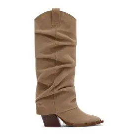 Beigefarbene Veloursleder-Cowboystiefel mit Umschlag Beigefarbene Veloursleder-Cowboystiefel mit Umschlag