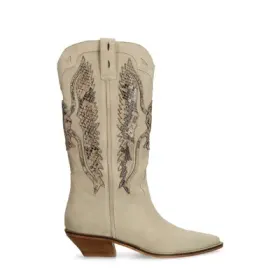 Beigefarbene Veloursleder-Cowboystiefel mit Stickerei Beigefarbene Veloursleder-Cowboystiefel mit Stickerei
