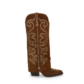 Taupefarbene Veloursleder-Cowboystiefel mit weißer Stickerei Taupefarbene Veloursleder-Cowboystiefel mit weißer Stickerei