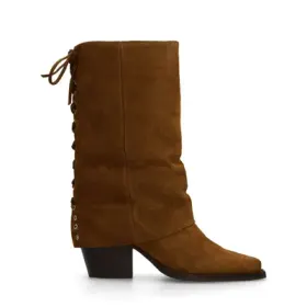 Cognacfarbene Veloursleder-Stiefeletten mit Umschlag Cognacfarbene Veloursleder-Stiefeletten mit Umschlag